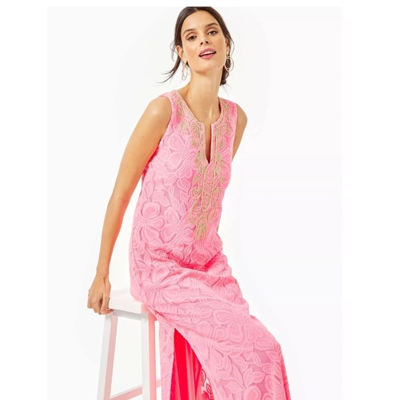 Lilly Pulitzer Dresses & Skirts - NWT NEW Lilly Pulitzer Carlotta‎ Maxi Dress Wildflower Stripe Lace Pink Gold 8